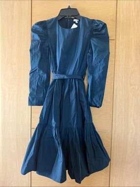 Blue Puff-Sleeve Tiered Midi Dress